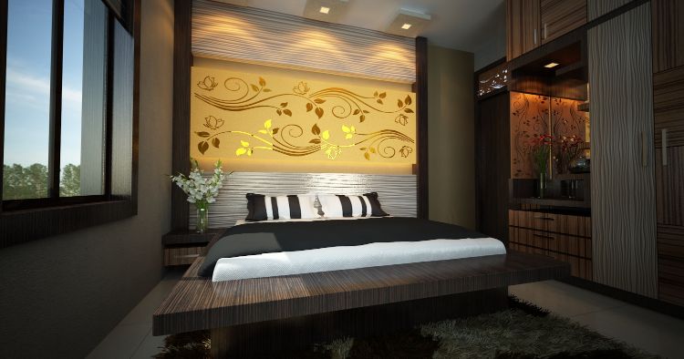 Contemporary Bedroom With Floral Backlit Panel